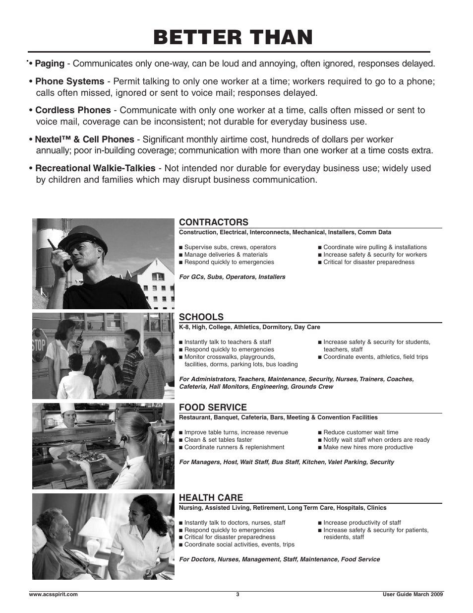 Better than, Contractors, Schools | Food service, Health care | Motorola Business Walkie-Talkies and Accessories User Manual | Page 3 / 16