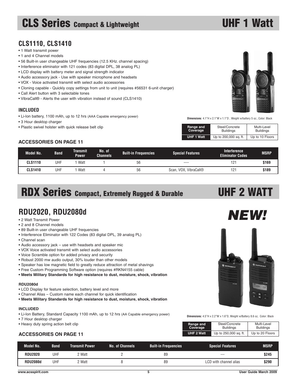 Cls series, Uhf 1 watt, Rdx series | Uhf 2 watt, Compact & lightweight, Compact, extremely rugged & durable | Motorola Business Walkie-Talkies and Accessories User Manual | Page 5 / 16