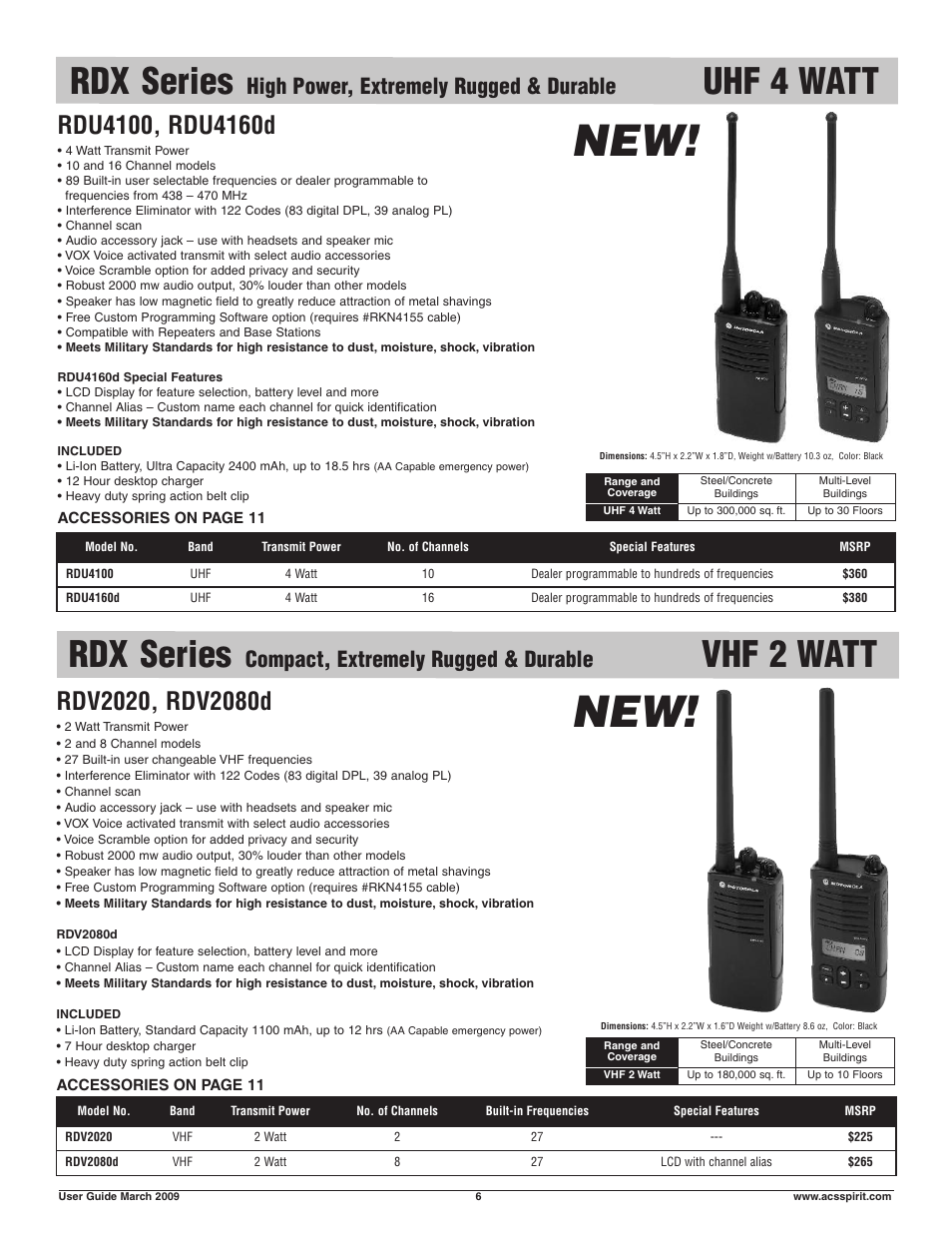 Rdx series, Uhf 4 watt, Vhf 2 watt | High power, extremely rugged & durable, Compact, extremely rugged & durable | Motorola Business Walkie-Talkies and Accessories User Manual | Page 6 / 16