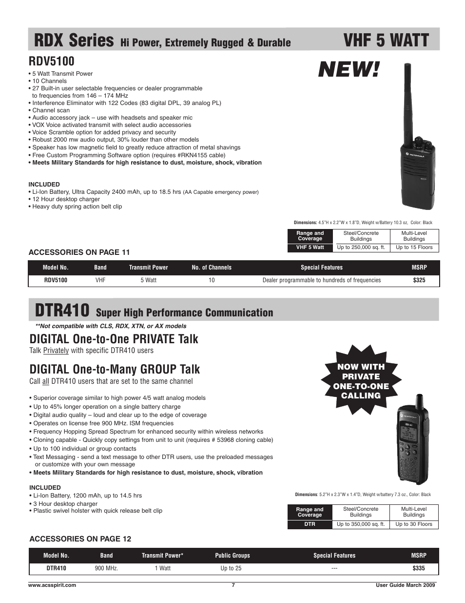 Rdx series, Vhf 5 watt, Dtr410 | Rdv5100, Digital one-to-one private talk, Digital one-to-many group talk, Hi power, extremely rugged & durable, Super high performance communication | Motorola Business Walkie-Talkies and Accessories User Manual | Page 7 / 16