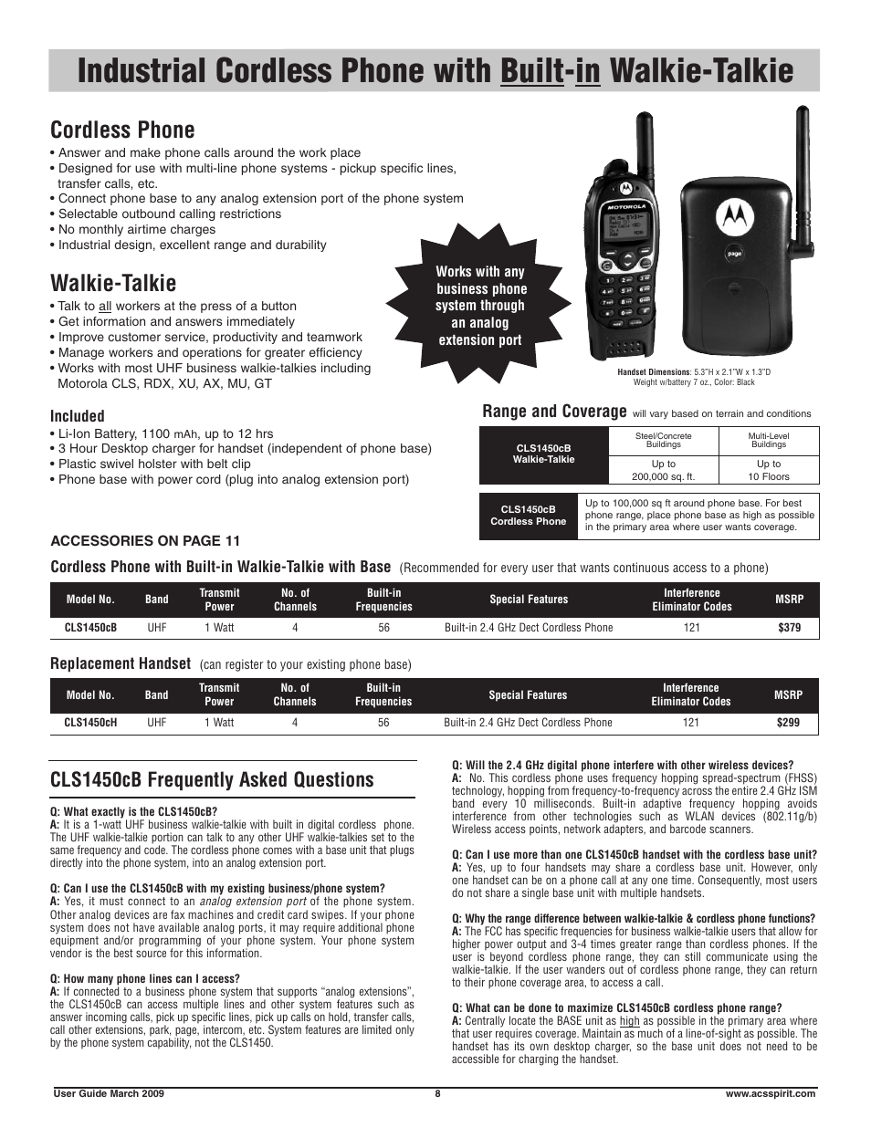 Cordless phone, Walkie-talkie, Cls1450cb frequently asked questions | Range and coverage, Included, Replacement handset | Motorola Business Walkie-Talkies and Accessories User Manual | Page 8 / 16
