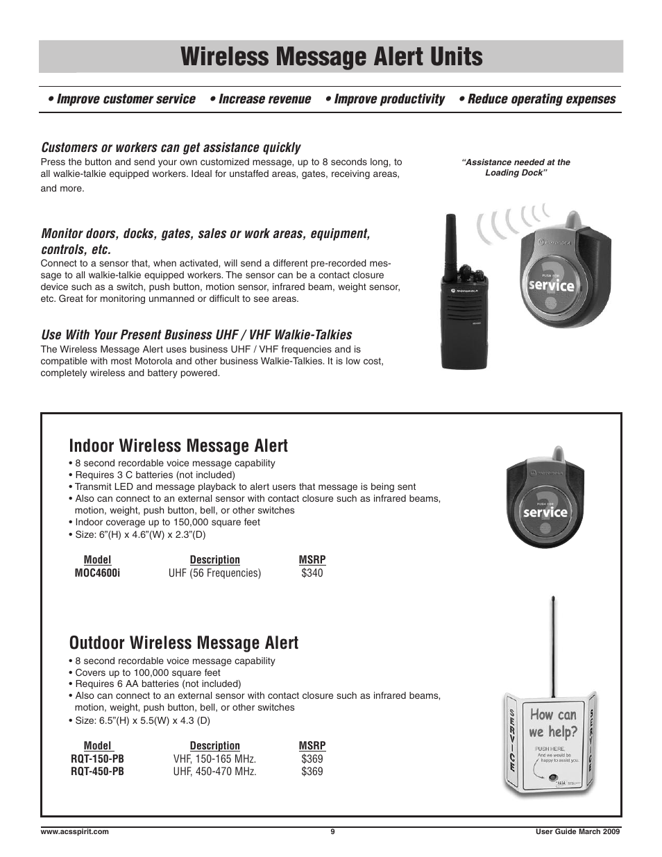 Wireless message alert units, Indoor wireless message alert, Outdoor wireless message alert | Motorola Business Walkie-Talkies and Accessories User Manual | Page 9 / 16