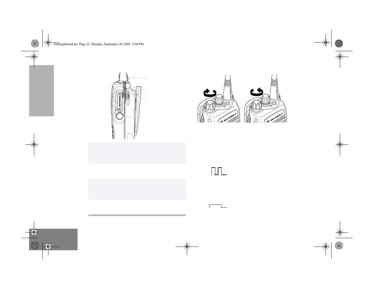 Attaching the side connector cover, Turning the radio on or off, On off | Motorola HT1250 User Manual | Page 24 / 58