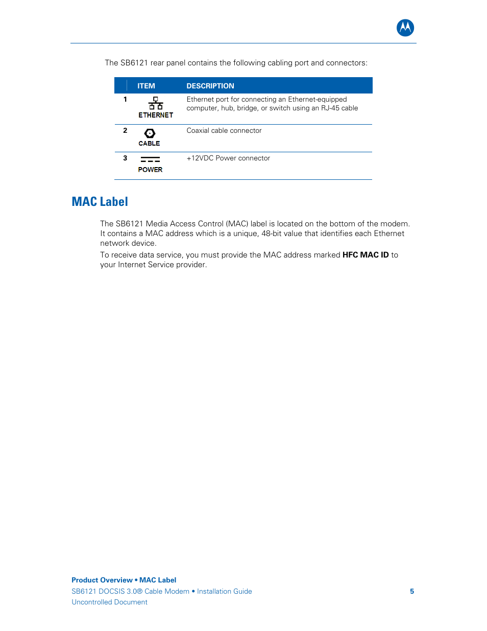 Mac label | Motorola DOCSIS 3.0 SB6121 User Manual | Page 11 / 27