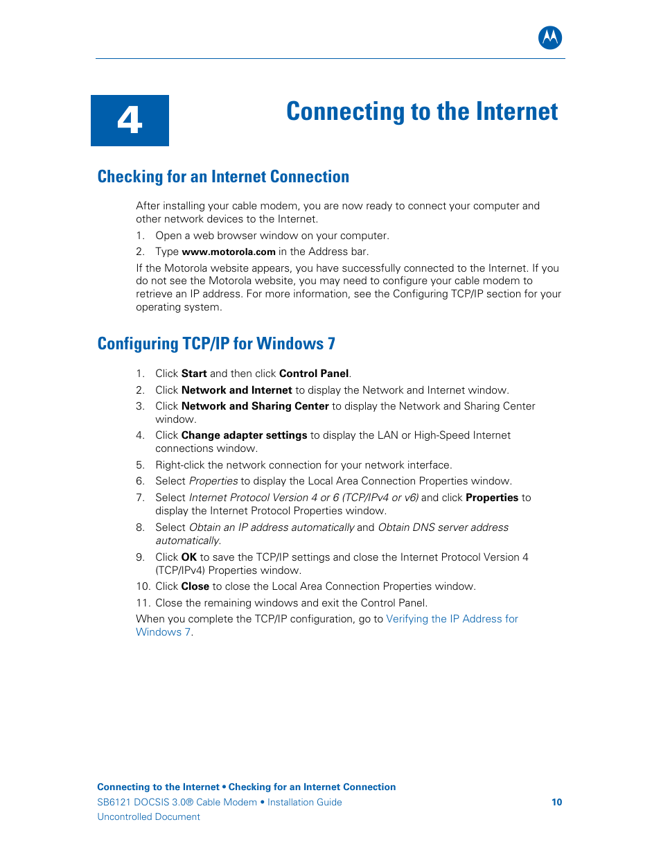 Connecting to the internet, Checking for an internet connection, Configuring tcp/ip for windows 7 | Motorola DOCSIS 3.0 SB6121 User Manual | Page 16 / 27