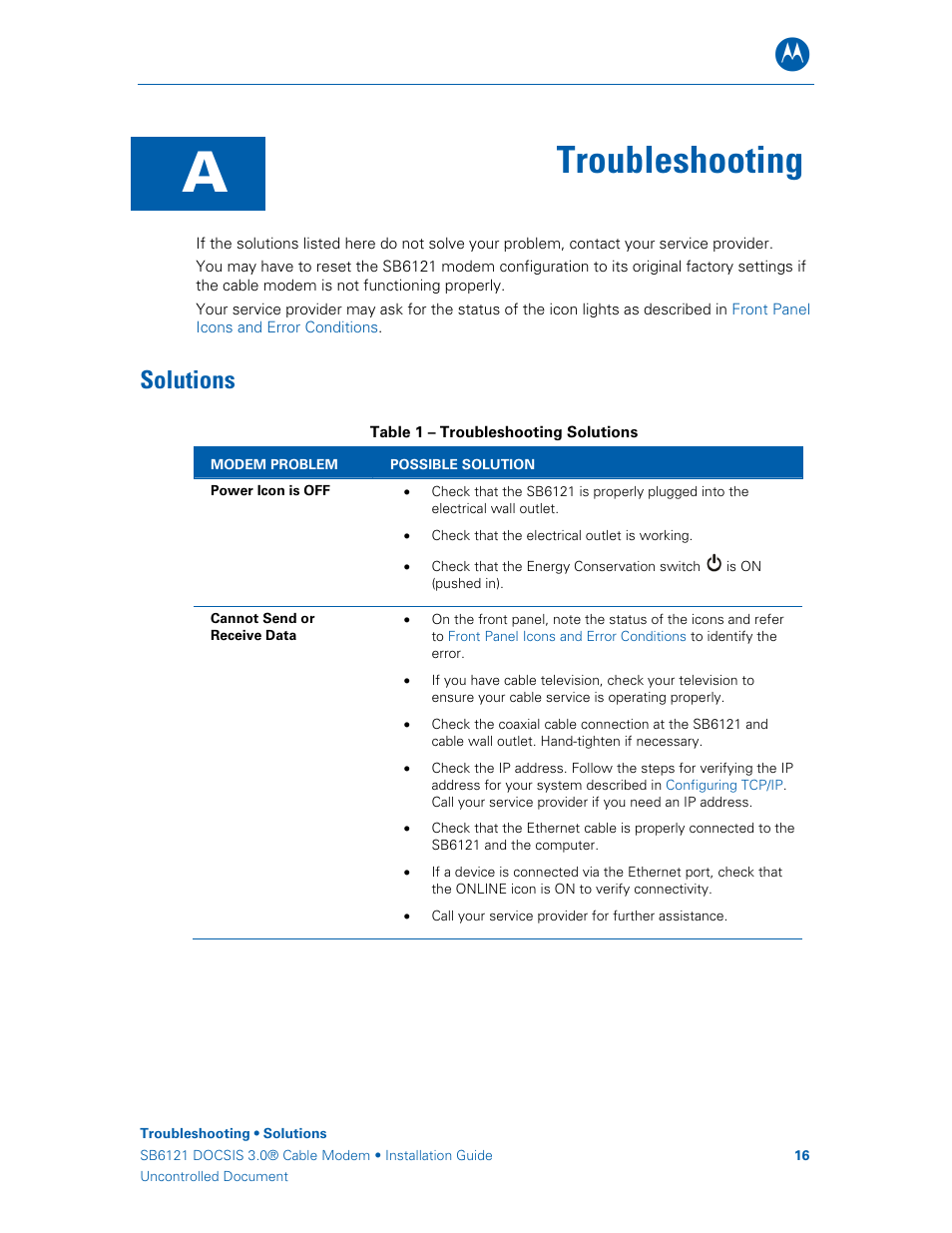 Troubleshooting, Solutions | Motorola DOCSIS 3.0 SB6121 User Manual | Page 22 / 27