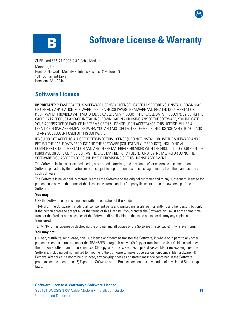 Software license & warranty, Software license | Motorola DOCSIS 3.0 SB6121 User Manual | Page 24 / 27