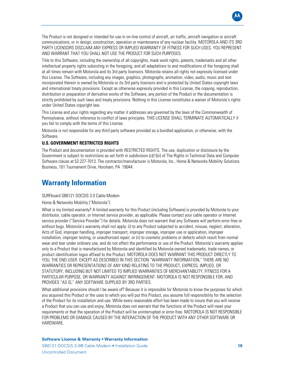 Warranty information | Motorola DOCSIS 3.0 SB6121 User Manual | Page 25 / 27