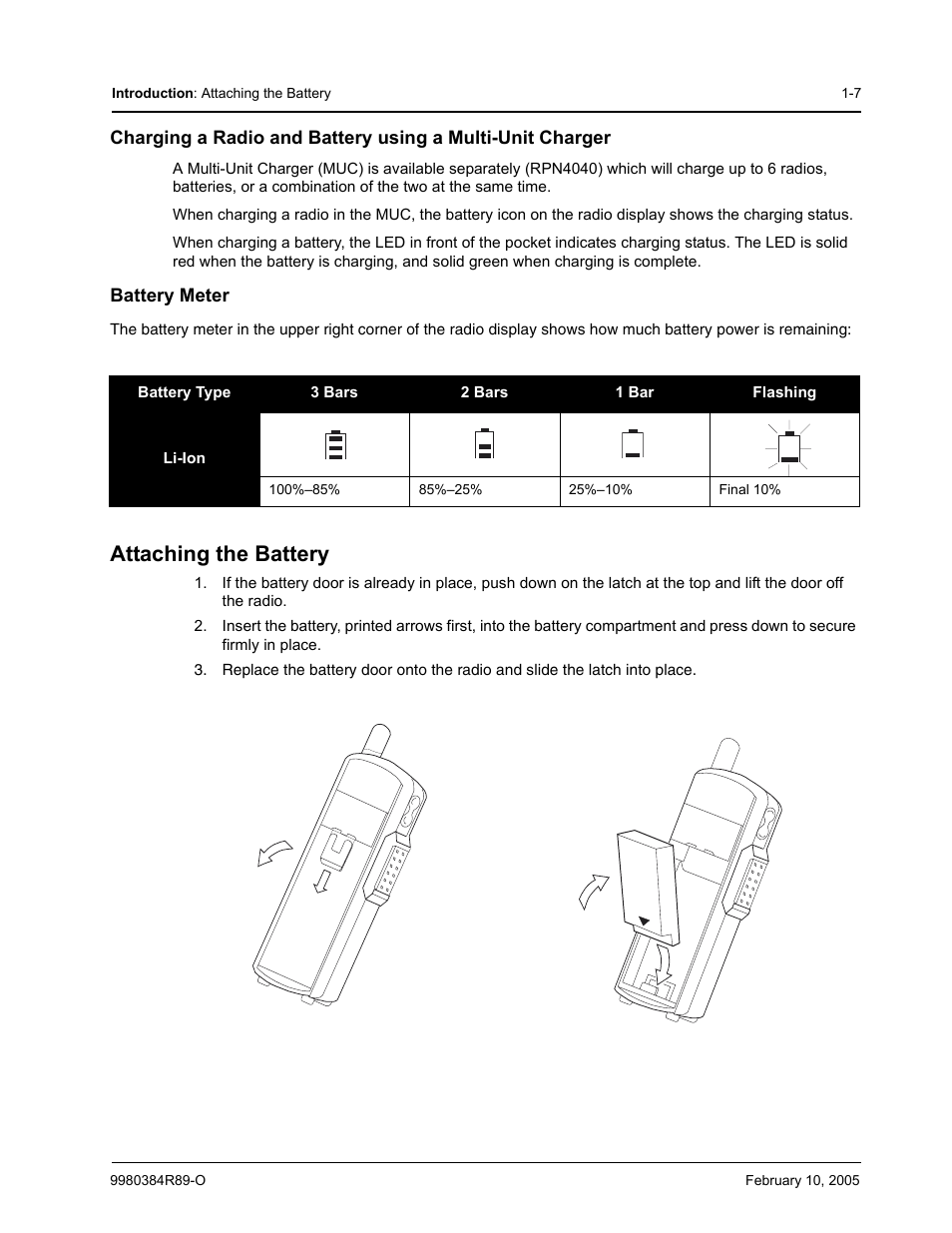 Battery meter, Attaching the battery | Motorola DTR SERIES DTR550 User Manual | Page 15 / 68