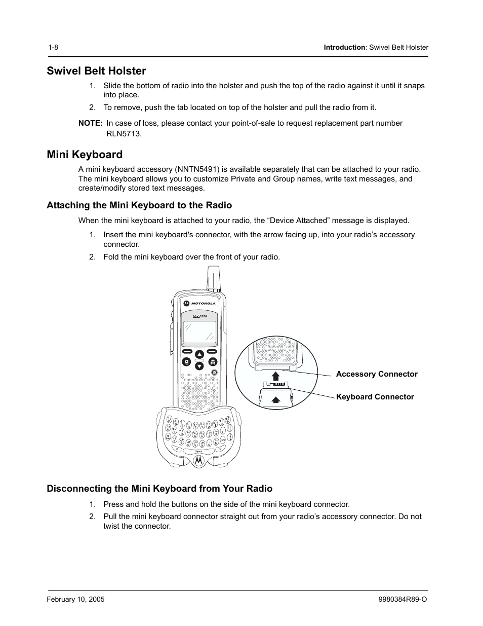 Swivel belt holster, Mini keyboard, Attaching the mini keyboard to the radio | Disconnecting the mini keyboard from your radio | Motorola DTR SERIES DTR550 User Manual | Page 16 / 68