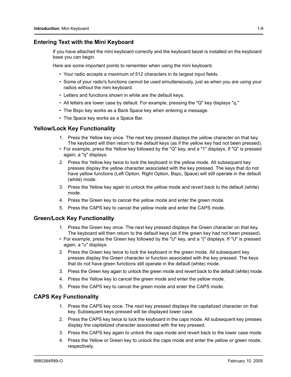 Entering text with the mini keyboard, Yellow/lock key functionality, Green/lock key functionality | Caps key functionality | Motorola DTR SERIES DTR550 User Manual | Page 17 / 68