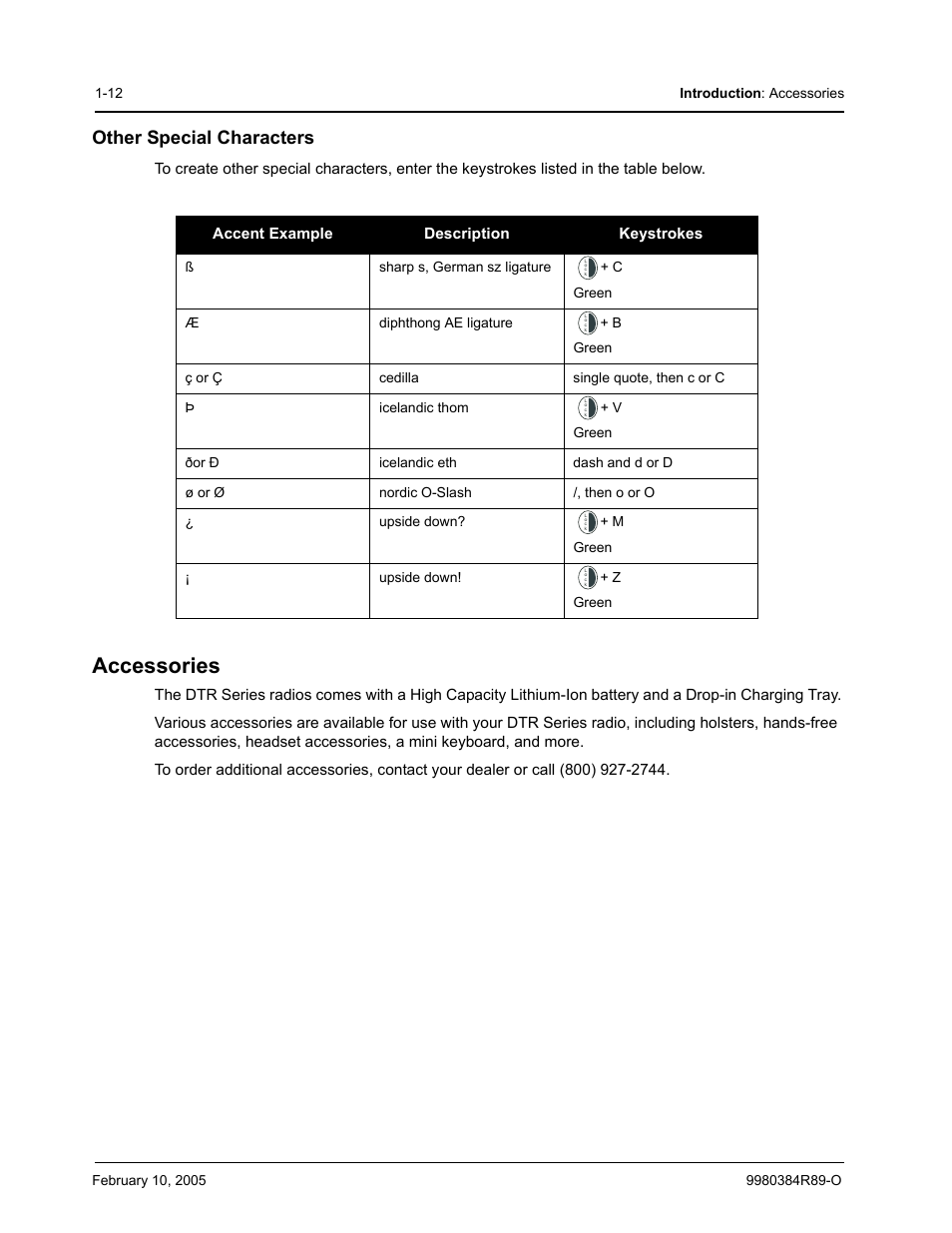 Other special characters, Accessories | Motorola DTR SERIES DTR550 User Manual | Page 20 / 68