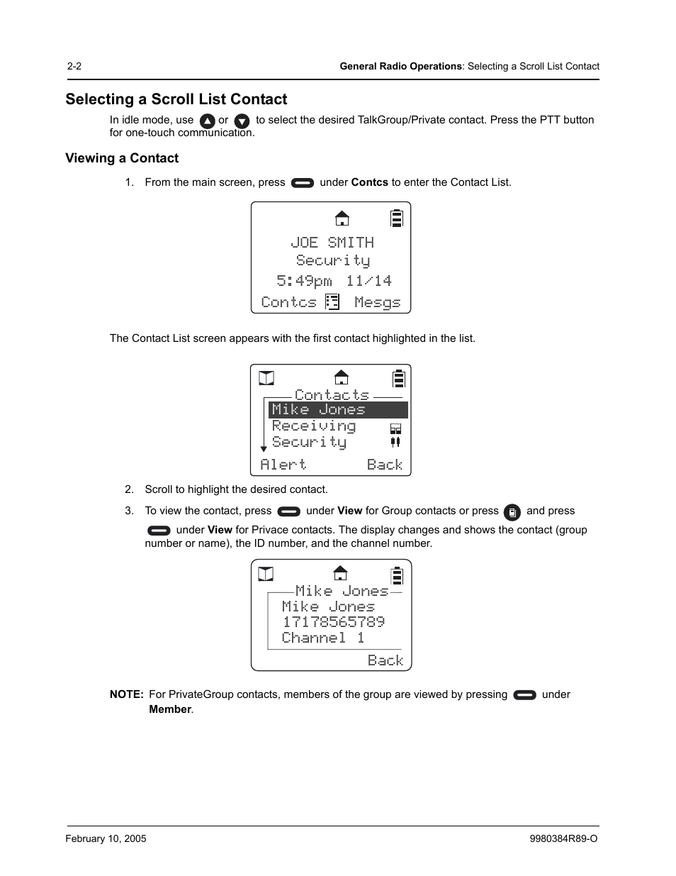 Selecting a scroll list contact, Viewing a contact | Motorola DTR SERIES DTR550 User Manual | Page 22 / 68