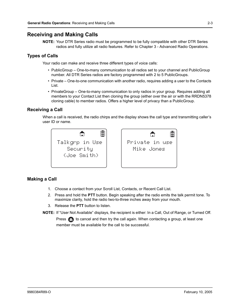 Receiving and making calls, Types of calls, Receiving a call | Making a call | Motorola DTR SERIES DTR550 User Manual | Page 23 / 68