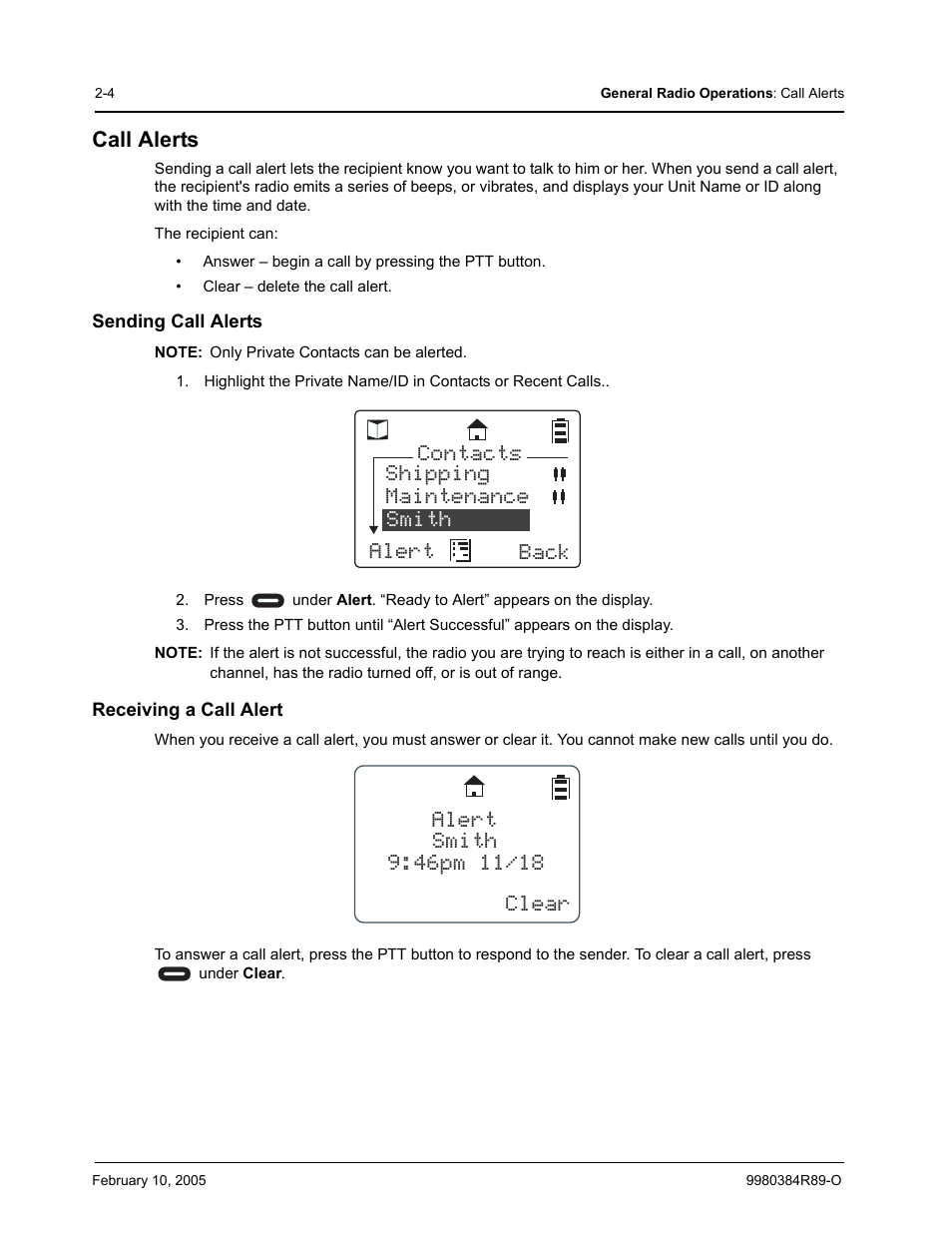 Call alerts, Sending call alerts, Receiving a call alert | Motorola DTR SERIES DTR550 User Manual | Page 24 / 68