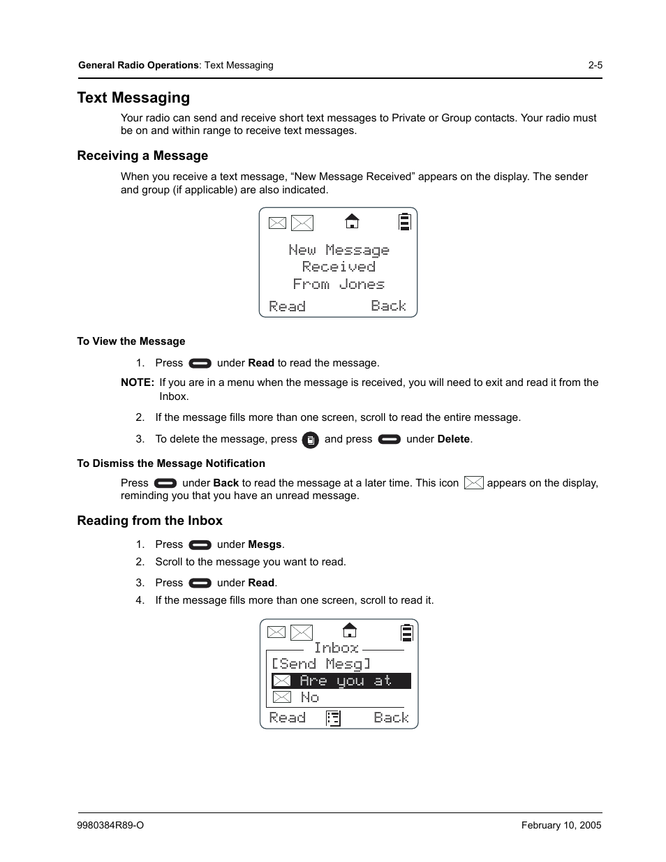 Text messaging, Receiving a message, Reading from the inbox | Motorola DTR SERIES DTR550 User Manual | Page 25 / 68