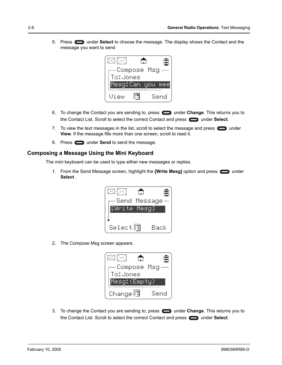 Composing a message using the mini keyboard | Motorola DTR SERIES DTR550 User Manual | Page 28 / 68