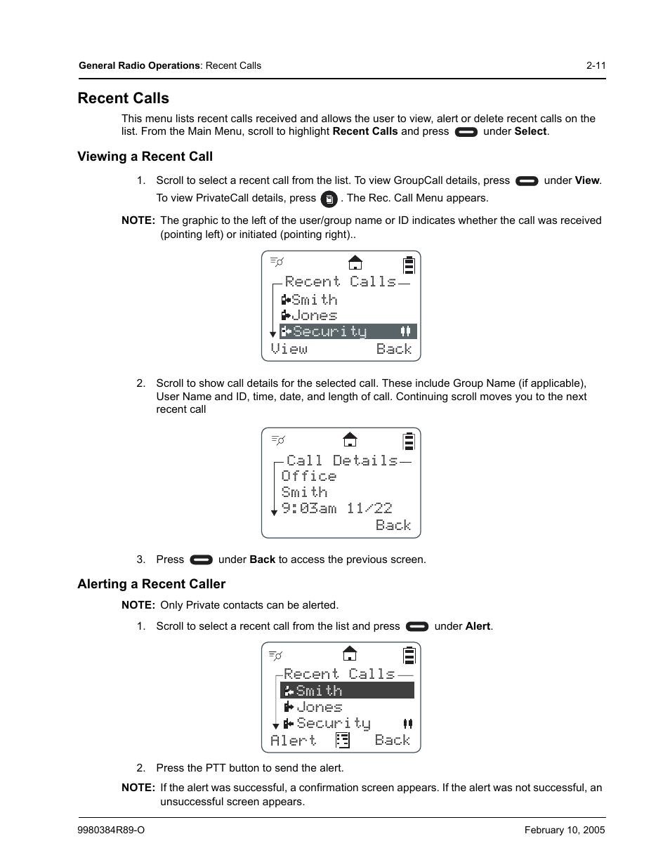 Recent calls, Viewing a recent call, Alerting a recent caller | Motorola DTR SERIES DTR550 User Manual | Page 31 / 68