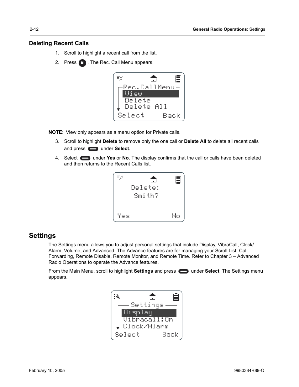 Deleting recent calls, Settings, Select back | Delete all delete rec.callmenu | Motorola DTR SERIES DTR550 User Manual | Page 32 / 68