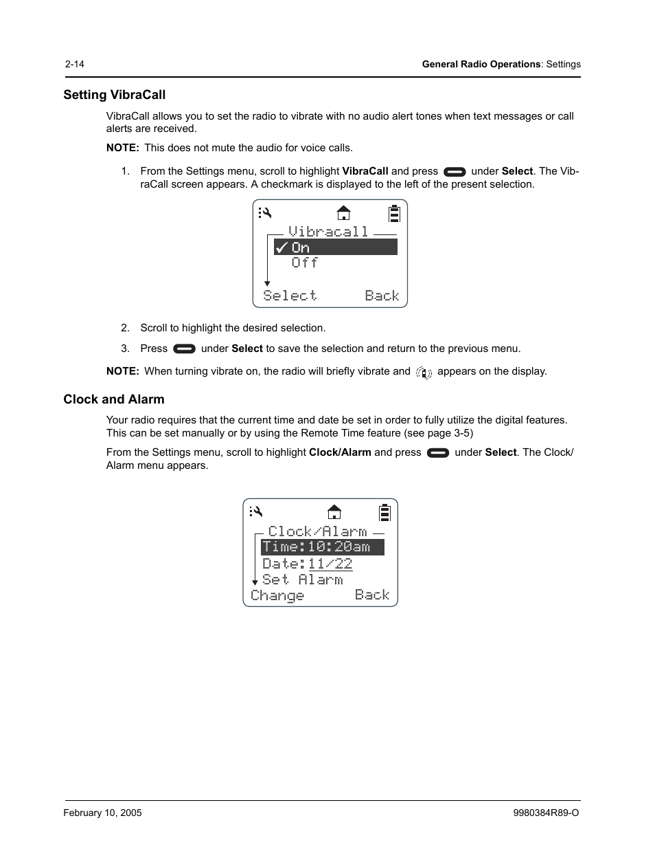 Setting vibracall, Clock and alarm, Vibracall off select back | Motorola DTR SERIES DTR550 User Manual | Page 34 / 68