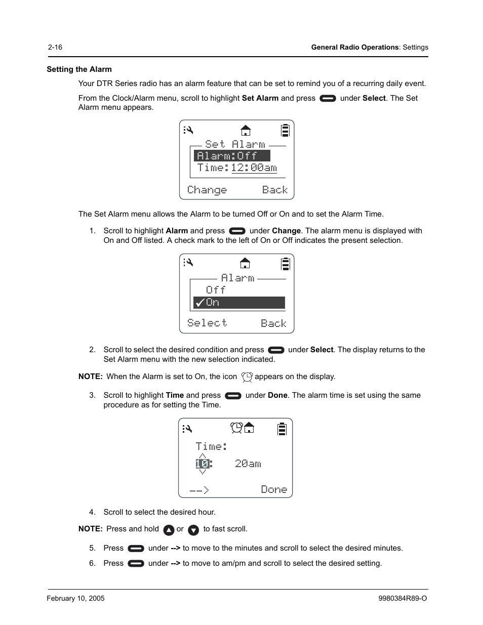 Set alarm alarm:off time:12:00am change back, Alarm off on select back time: : 20am __> done 10 | Motorola DTR SERIES DTR550 User Manual | Page 36 / 68