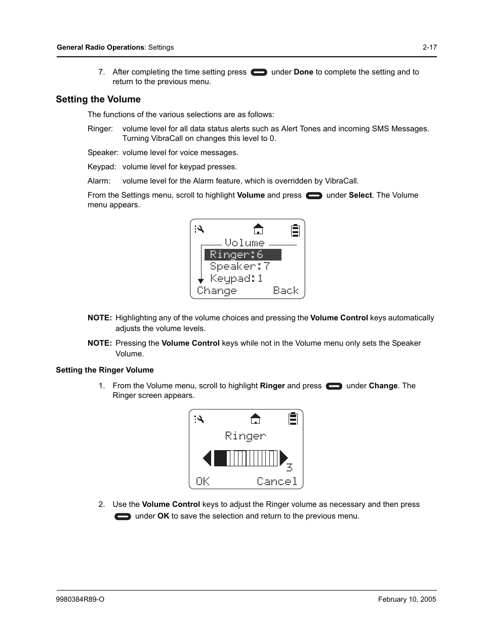 Setting the volume, Ok cancel ringer 3, Ringer:6 volume speaker:7 keypad:1 change back | Motorola DTR SERIES DTR550 User Manual | Page 37 / 68