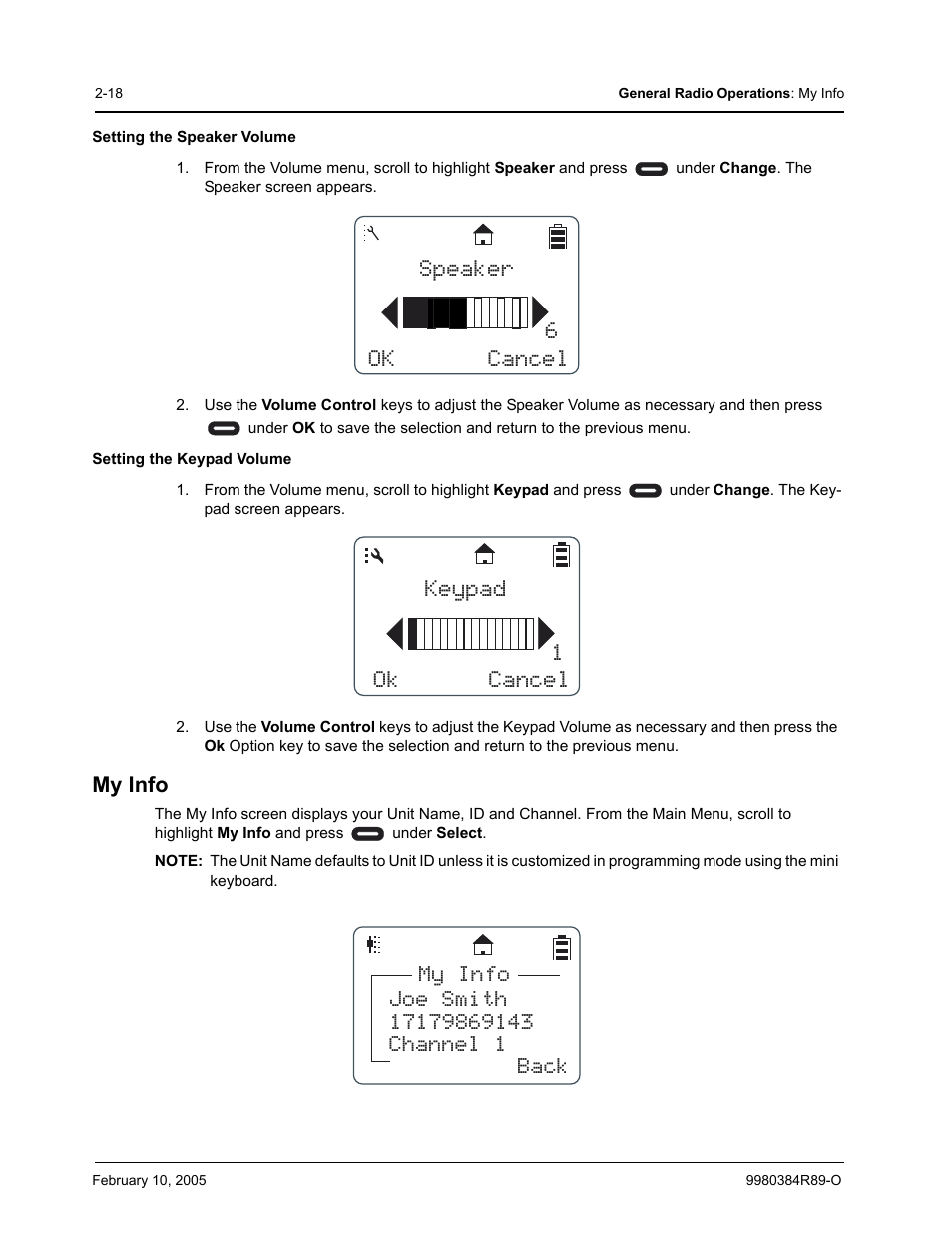 My info, Ok cancel speaker 6 ok cancel keypad 1 | Motorola DTR SERIES DTR550 User Manual | Page 38 / 68