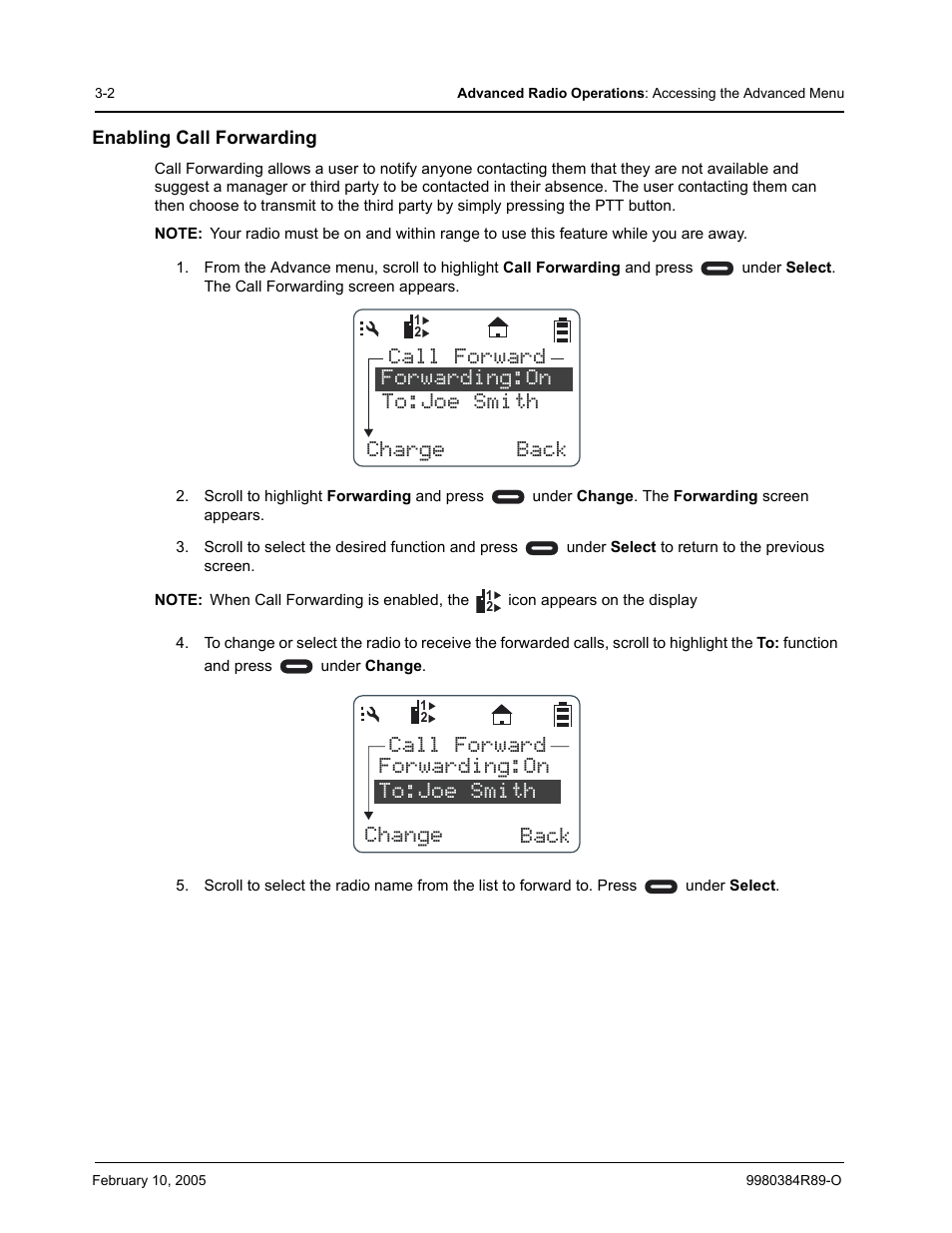 Enabling call forwarding | Motorola DTR SERIES DTR550 User Manual | Page 40 / 68