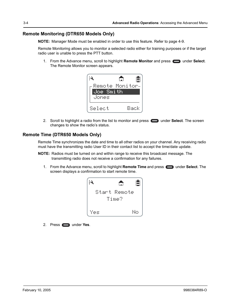 Remote monitoring (dtr650 models only), Remote time (dtr650 models only) | Motorola DTR SERIES DTR550 User Manual | Page 42 / 68