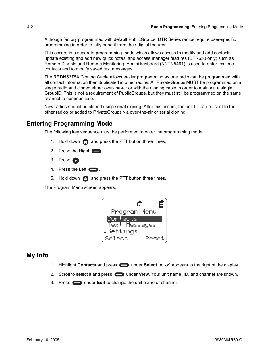 Entering programming mode, My info | Motorola DTR SERIES DTR550 User Manual | Page 44 / 68