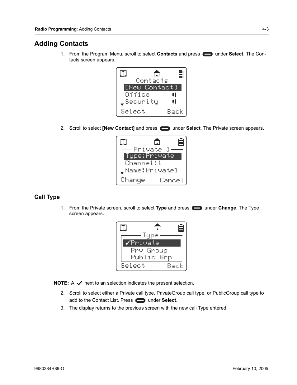 Adding contacts, Call type, Public grp | Motorola DTR SERIES DTR550 User Manual | Page 45 / 68