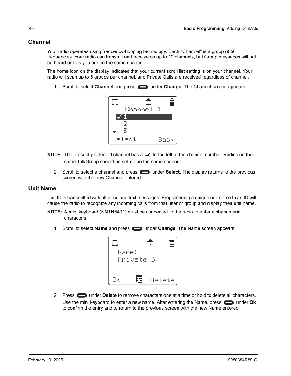 Channel, Unit name, Private 3 | 12 select back channel 1, 3ok delete name | Motorola DTR SERIES DTR550 User Manual | Page 46 / 68