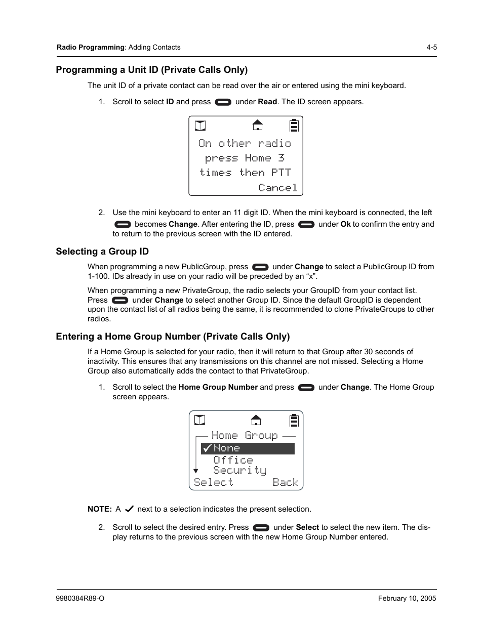 Programming a unit id (private calls only), Selecting a group id, Entering a home group number (private calls only) | Motorola DTR SERIES DTR550 User Manual | Page 47 / 68