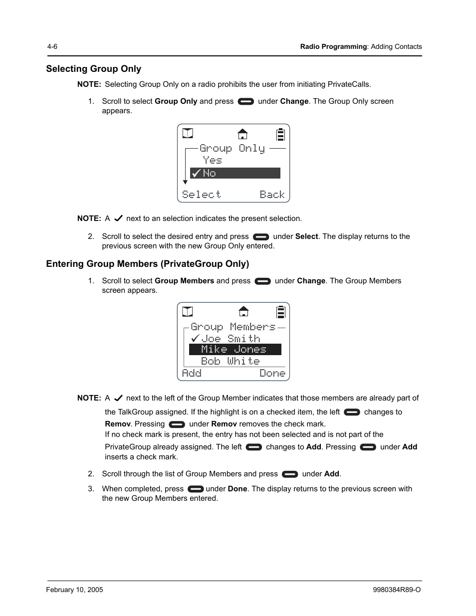 Selecting group only, Entering group members (privategroup only), Group only select back no none yes | Motorola DTR SERIES DTR550 User Manual | Page 48 / 68