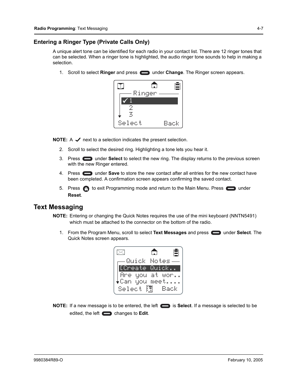 Entering a ringer type (private calls only), Text messaging, 12 select back ringer | Motorola DTR SERIES DTR550 User Manual | Page 49 / 68