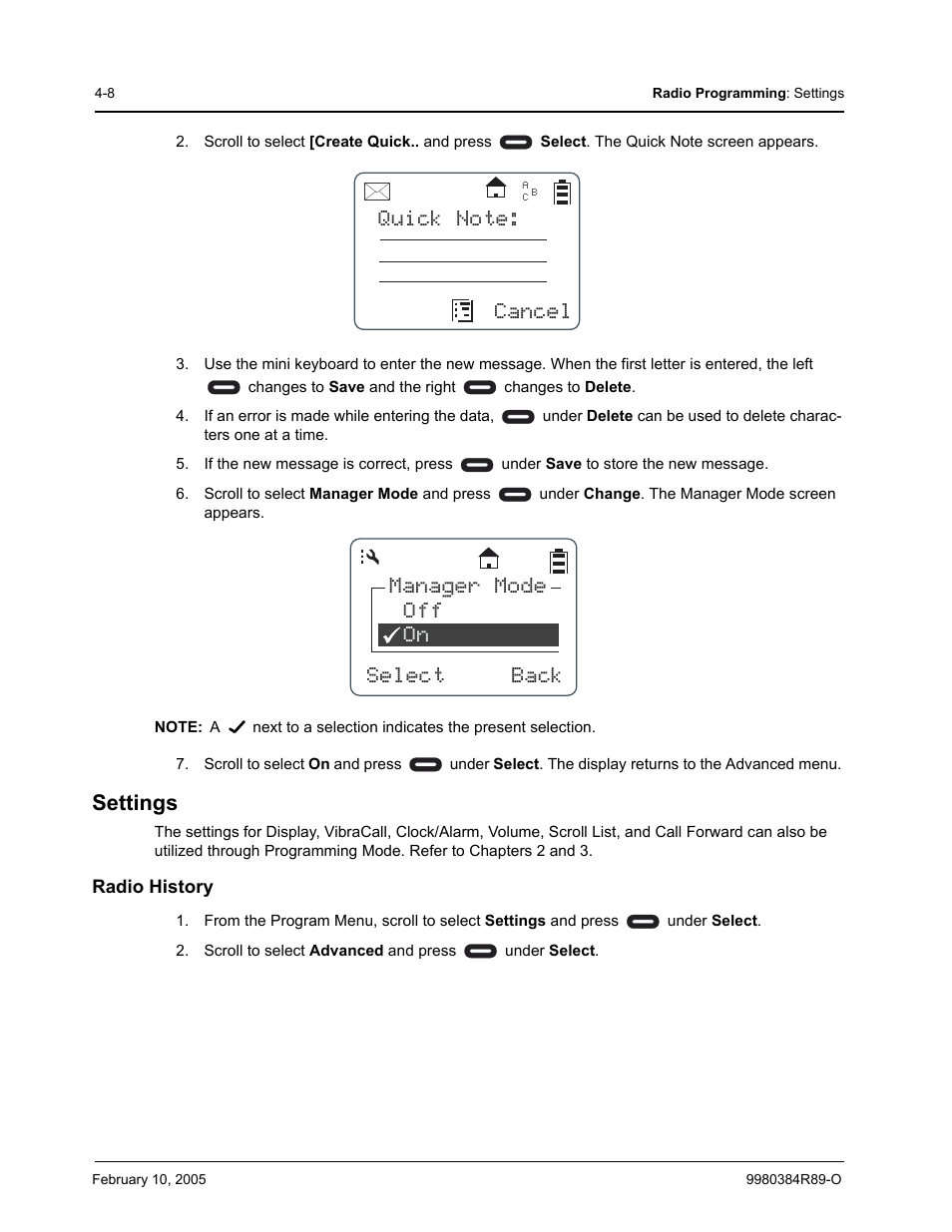 Settings, Radio history, Manager mode off on select back | Motorola DTR SERIES DTR550 User Manual | Page 50 / 68