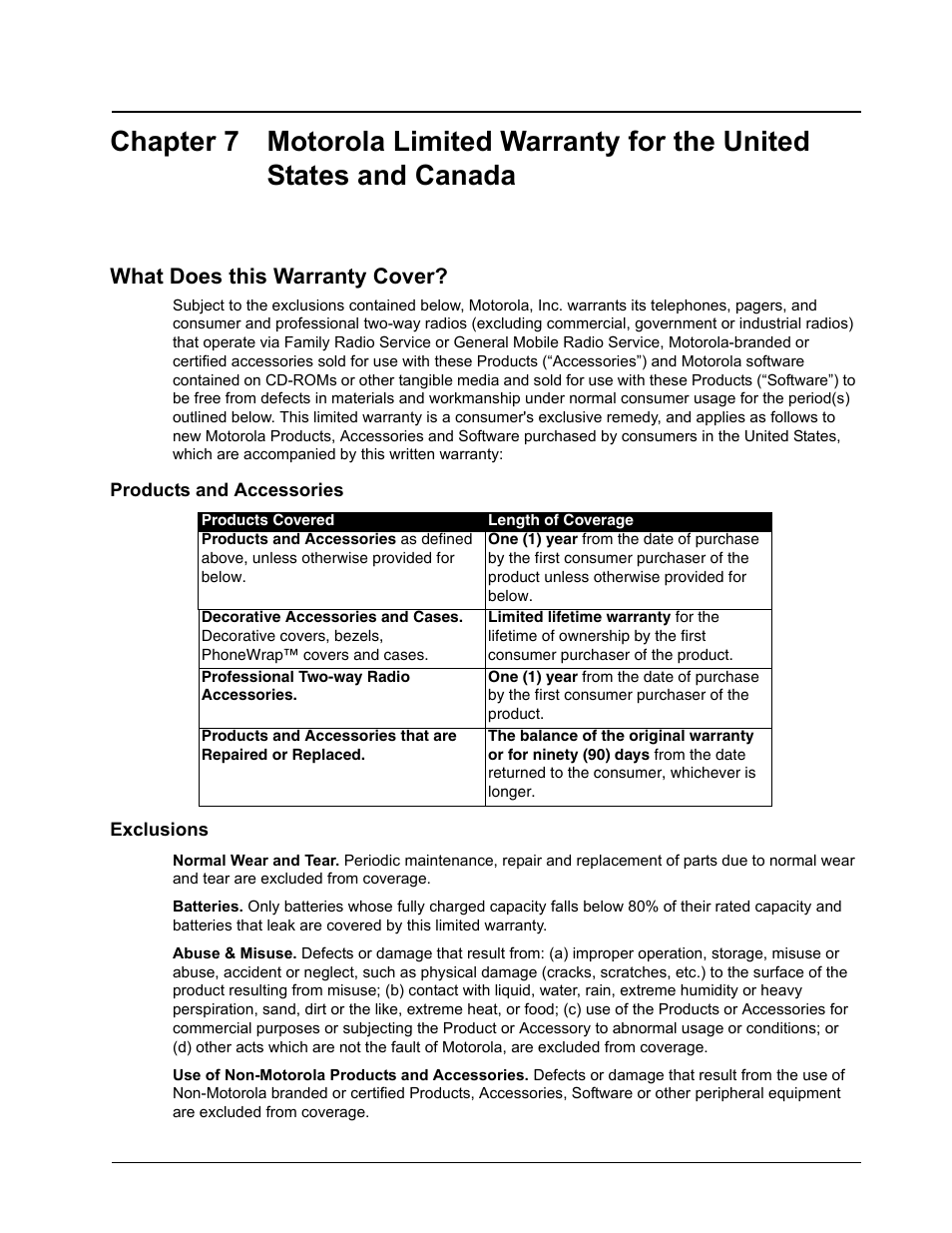 What does this warranty cover, Products and accessories, Exclusions | Motorola DTR SERIES DTR550 User Manual | Page 59 / 68