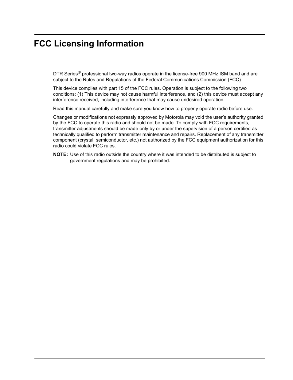 Fcc licensing information | Motorola DTR SERIES DTR550 User Manual | Page 7 / 68