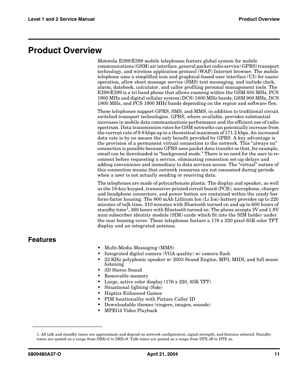 Product overview, Features | Motorola E398 GSM User Manual | Page 11 / 44