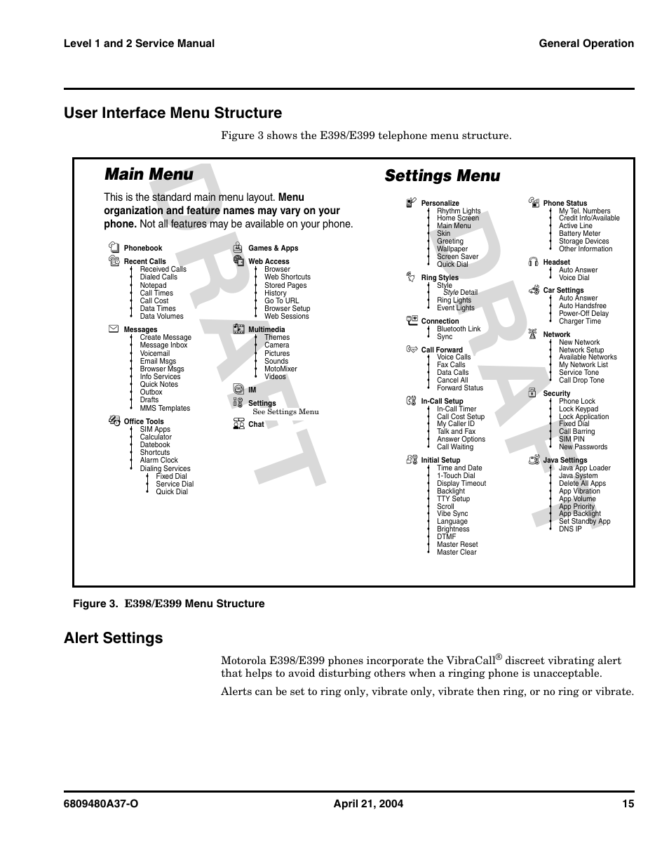 Dr aft, Main menu, Settings menu | User interface menu structure, Alert settings | Motorola E398 GSM User Manual | Page 15 / 44