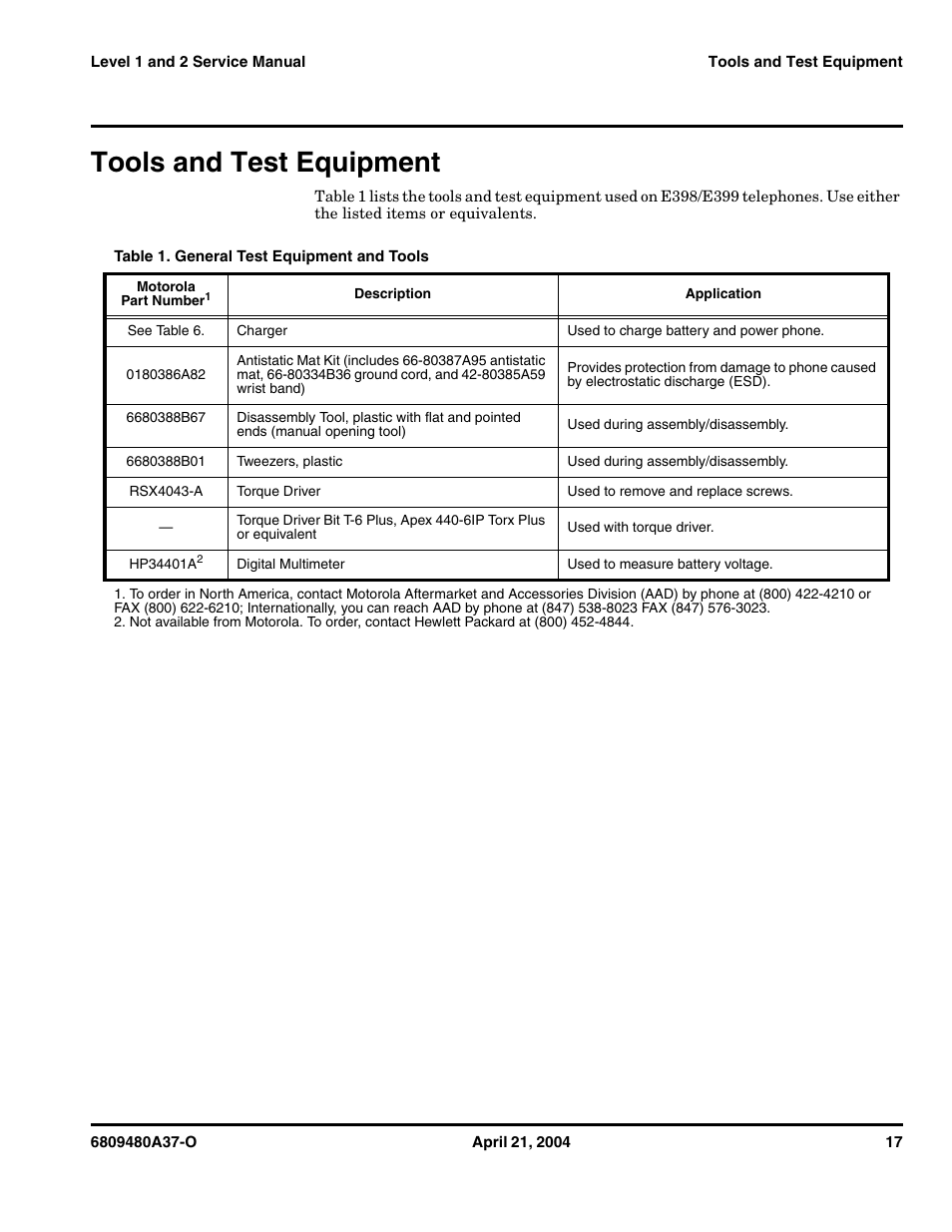 Tools and test equipment | Motorola E398 GSM User Manual | Page 17 / 44