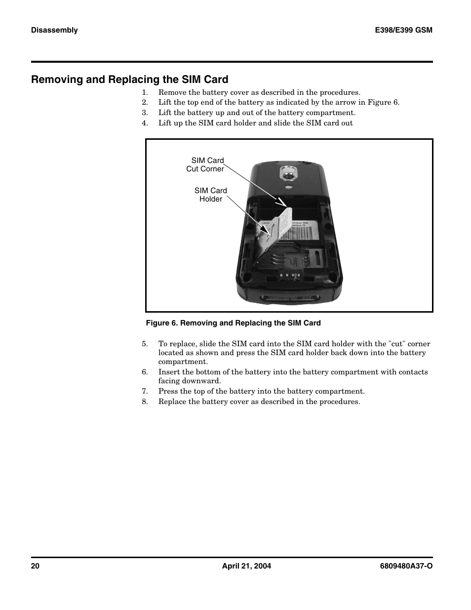 Removing and replacing the sim card | Motorola E398 GSM User Manual | Page 20 / 44