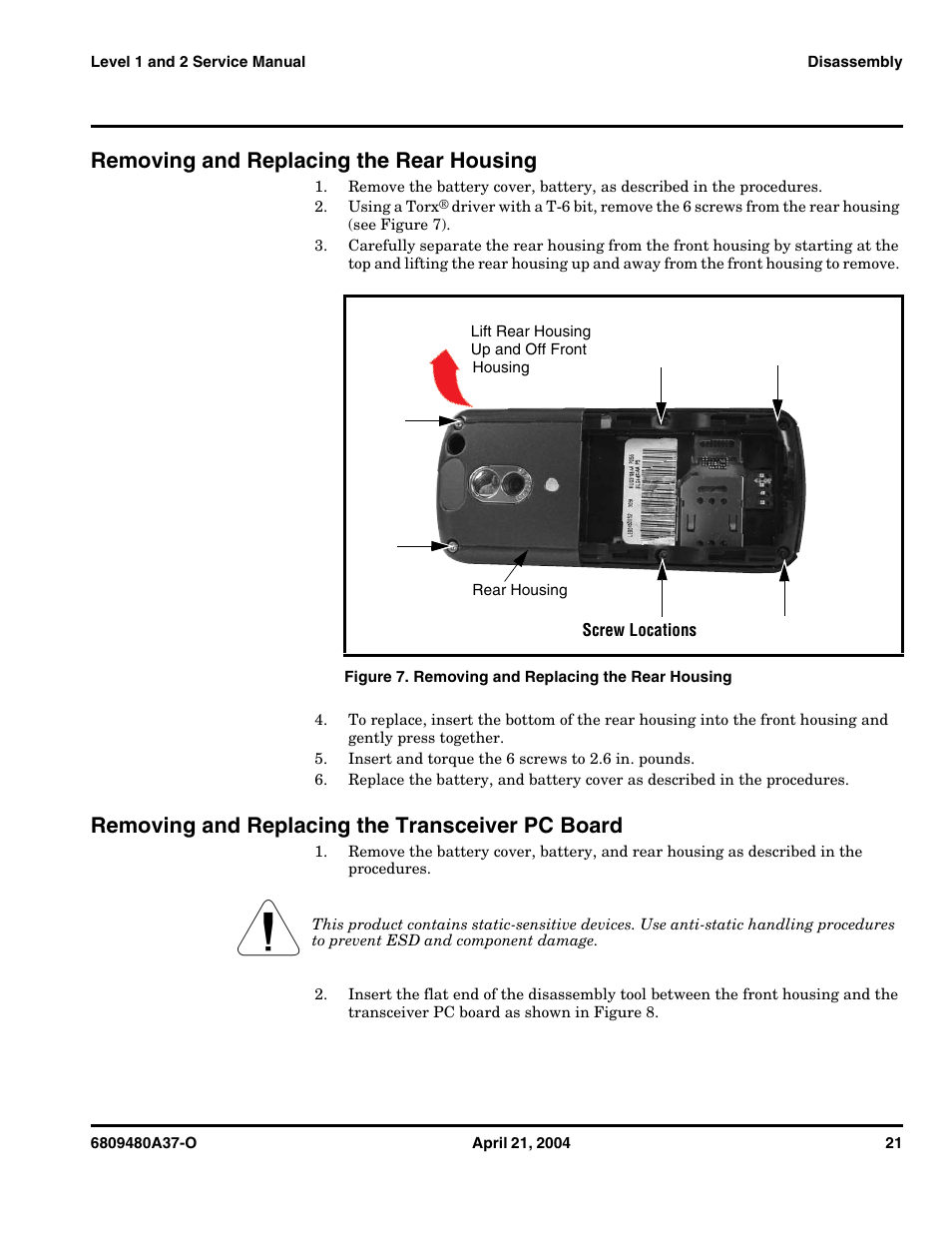 Removing and replacing the rear housing, Removing and replacing the transceiver pc board | Motorola E398 GSM User Manual | Page 21 / 44