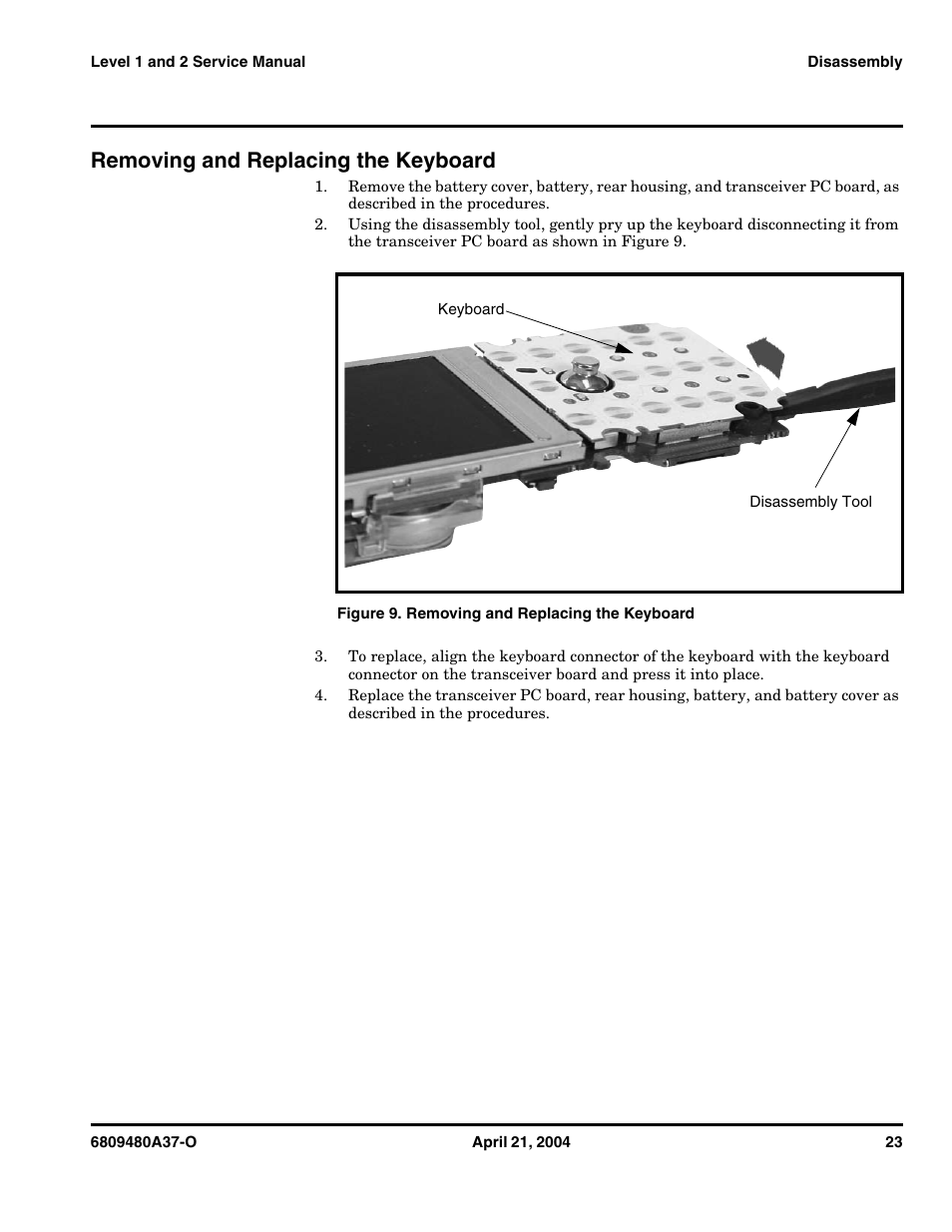 Removing and replacing the keyboard | Motorola E398 GSM User Manual | Page 23 / 44