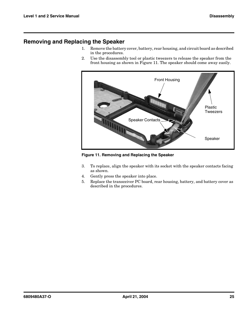 Removing and replacing the speaker | Motorola E398 GSM User Manual | Page 25 / 44