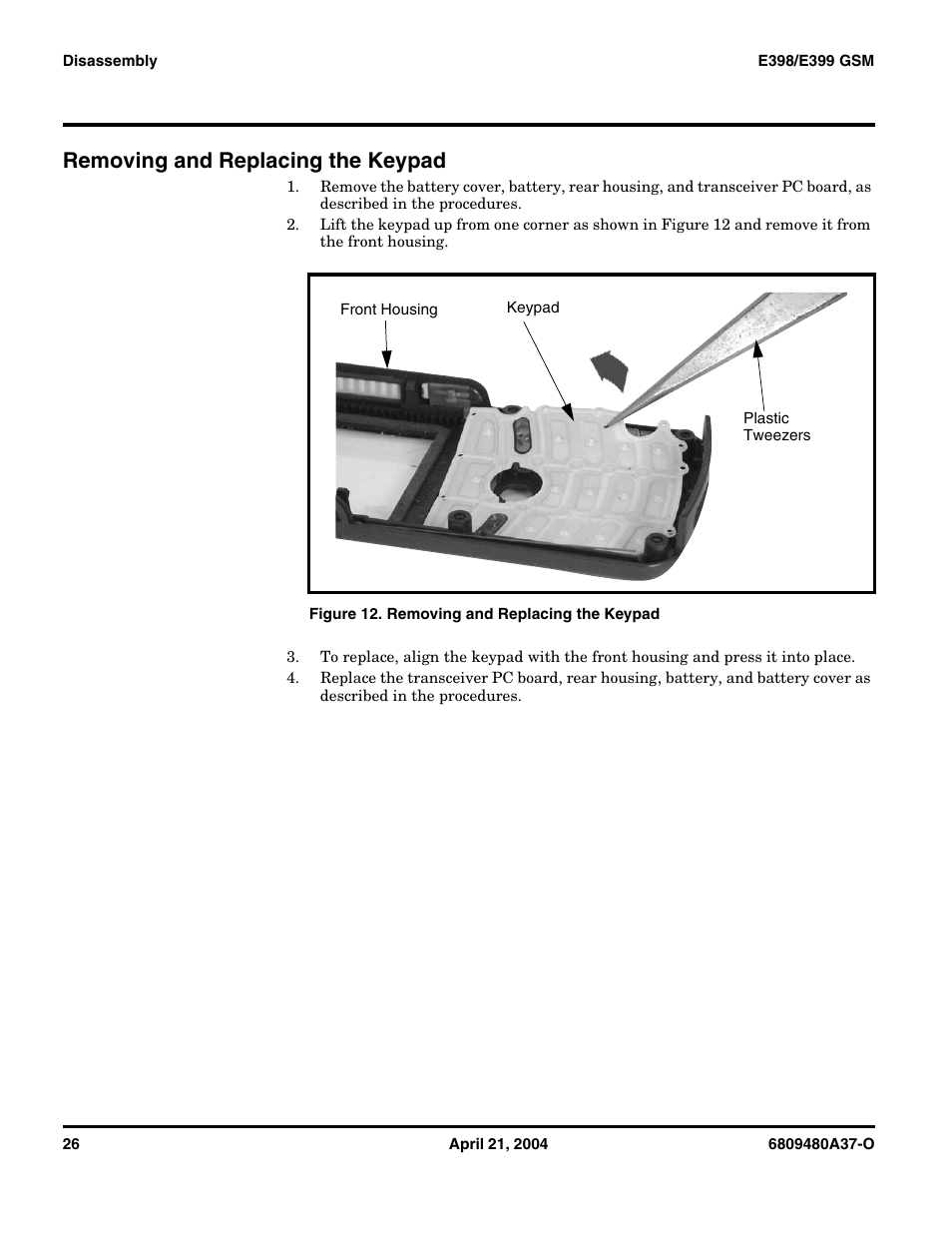 Removing and replacing the keypad | Motorola E398 GSM User Manual | Page 26 / 44
