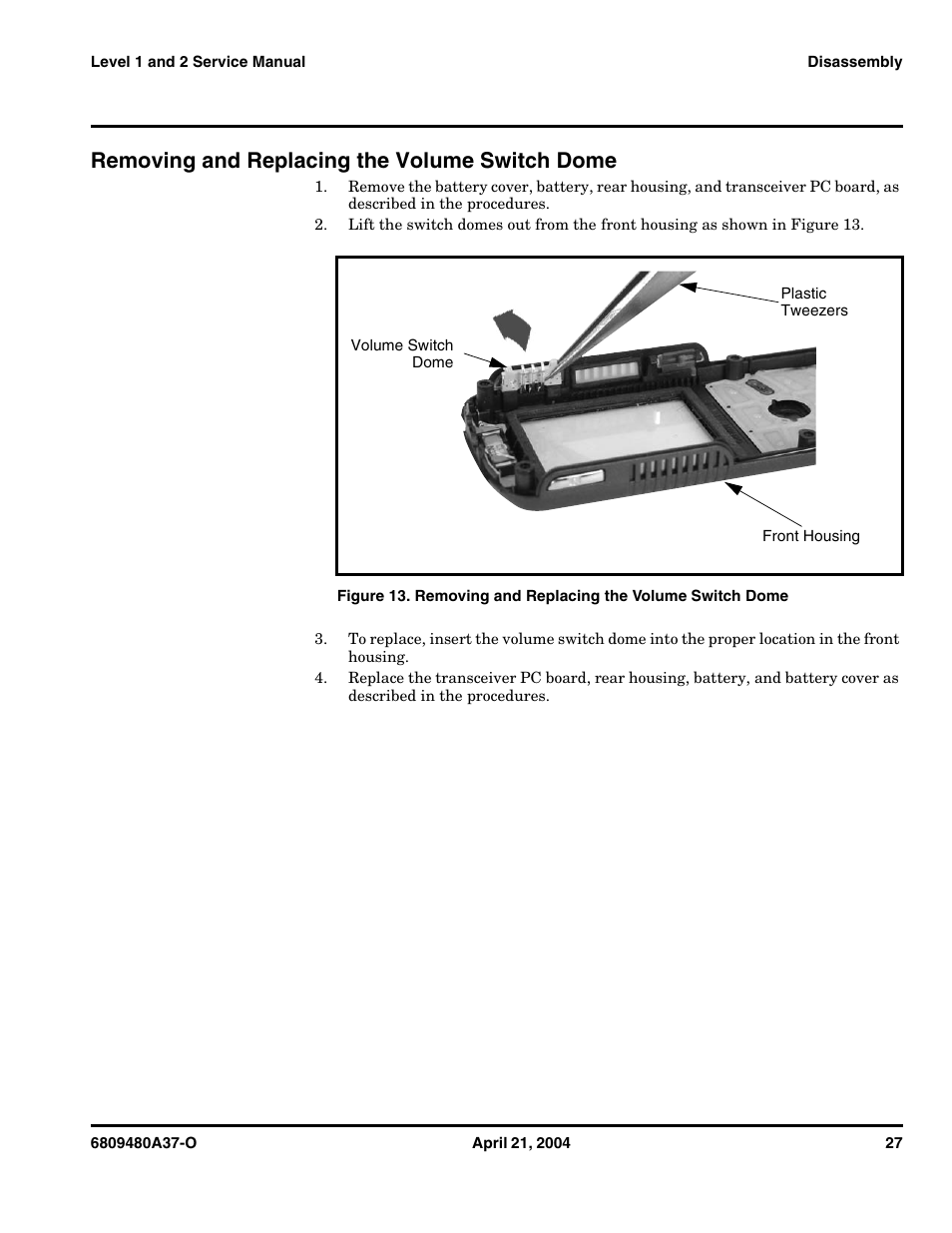 Removing and replacing the volume switch dome | Motorola E398 GSM User Manual | Page 27 / 44