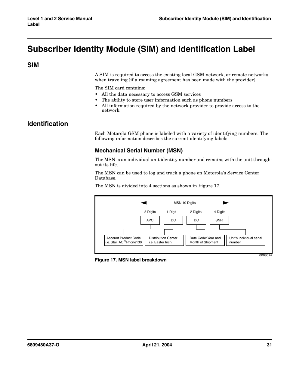 Identification, Mechanical serial number (msn) | Motorola E398 GSM User Manual | Page 31 / 44