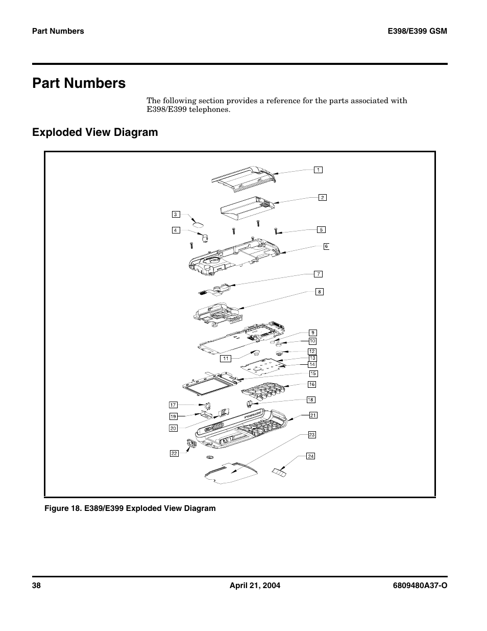 Part numbers, Exploded view diagram | Motorola E398 GSM User Manual | Page 38 / 44