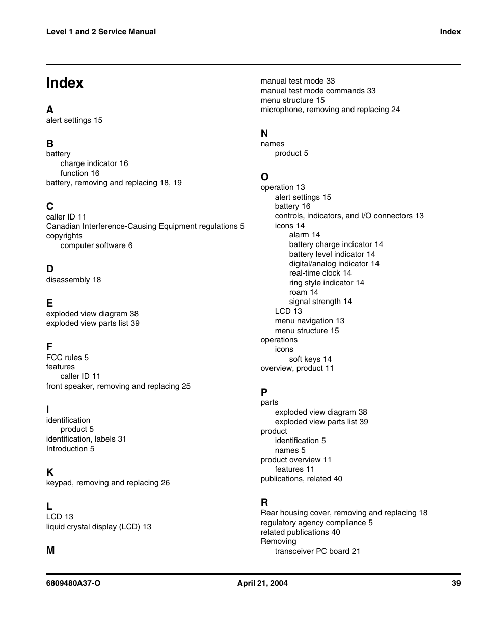 Index | Motorola E398 GSM User Manual | Page 41 / 44